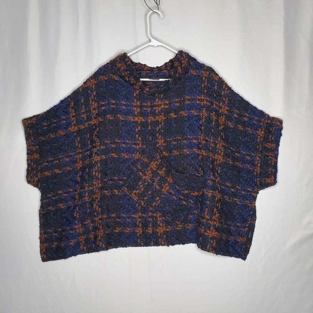 COCO CARMEN Plaid Poncho Sweater OSFM Blue Brown Chunky Textured Knit